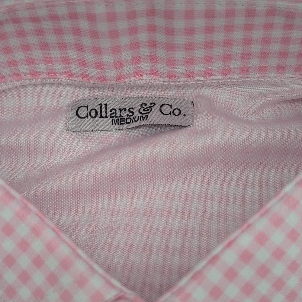 Collars and Co Dress Collar Polo Shirt Mens M Pink Gingham Check Performance - Picture 3 of 10